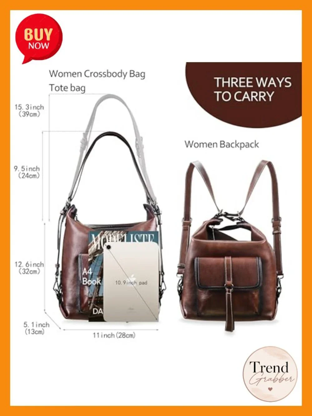 Genuine Leather 3-in-1 Hobo Bag Crossbody Backpack Purse Handbag